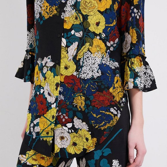 SANDRO Black Floral Print Silk Crepe Button Up Collared Shirt Blouse - Picture 4 of 16